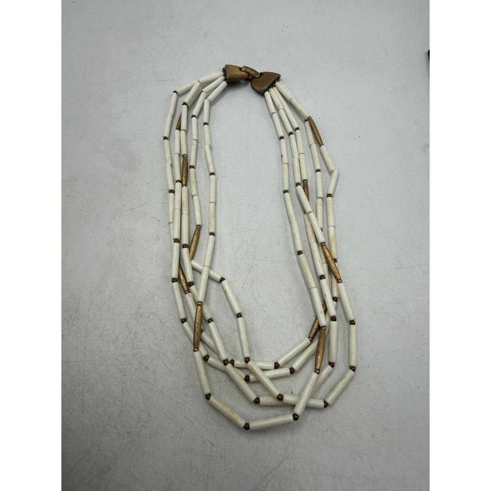 Vintage Multi Strand White Tube Bead Necklace Gold Tone Accents 5 Layer 18 Inch